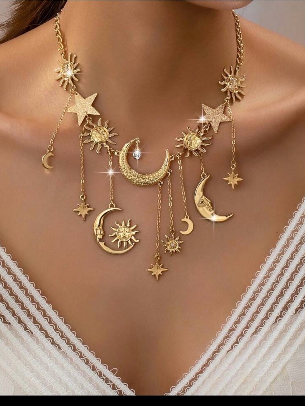 Gold Celestial Moon & Star Layered Charm Necklace